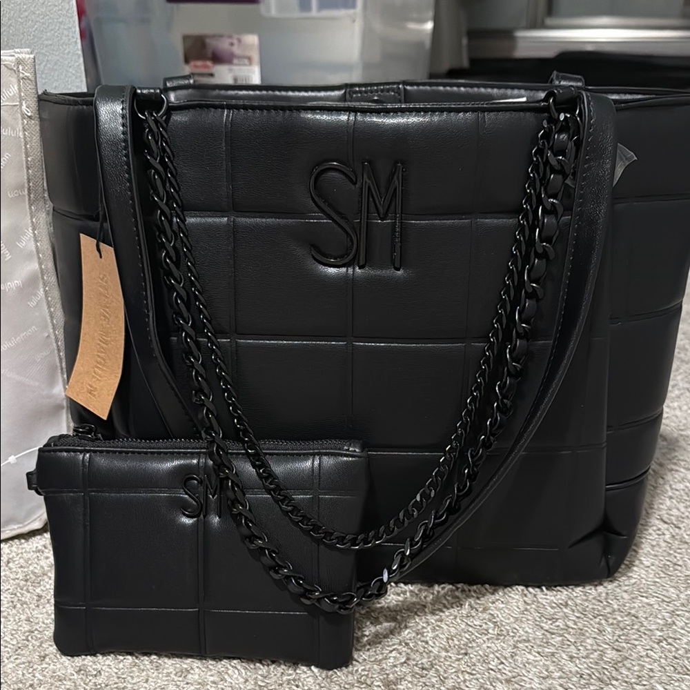 Steve Madden Black Quilted Tote Bag with Double Chain Strap and coin purse